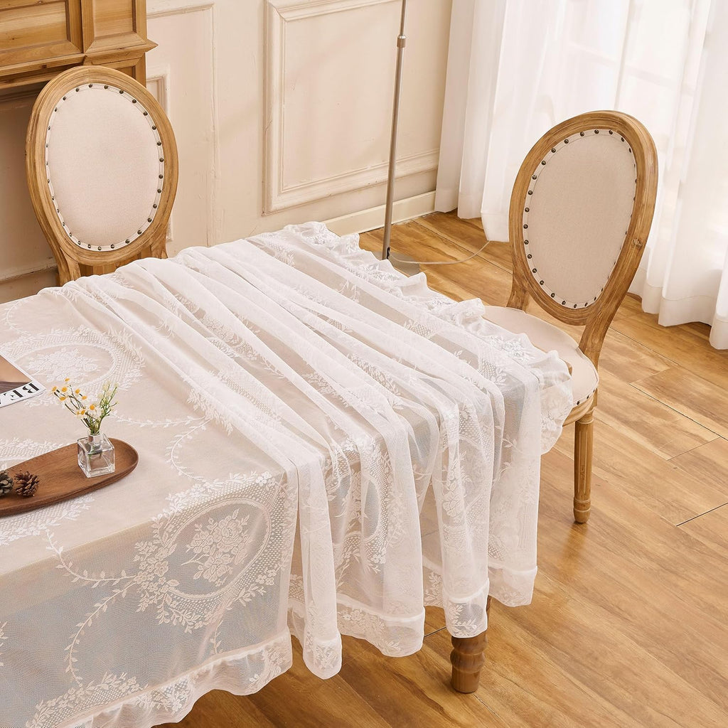 Lace Tablecloth with Ruffled Hem, Floral Embroidered Table Cover, Vintage Elegant Style (White, 55”x