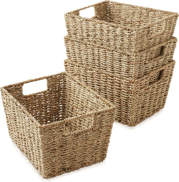 Set of 4 Seagrass Hyacinth Storage Baskets with Handles - Natural, Woven Storage Bins for Shelves, Blankets, Laundry