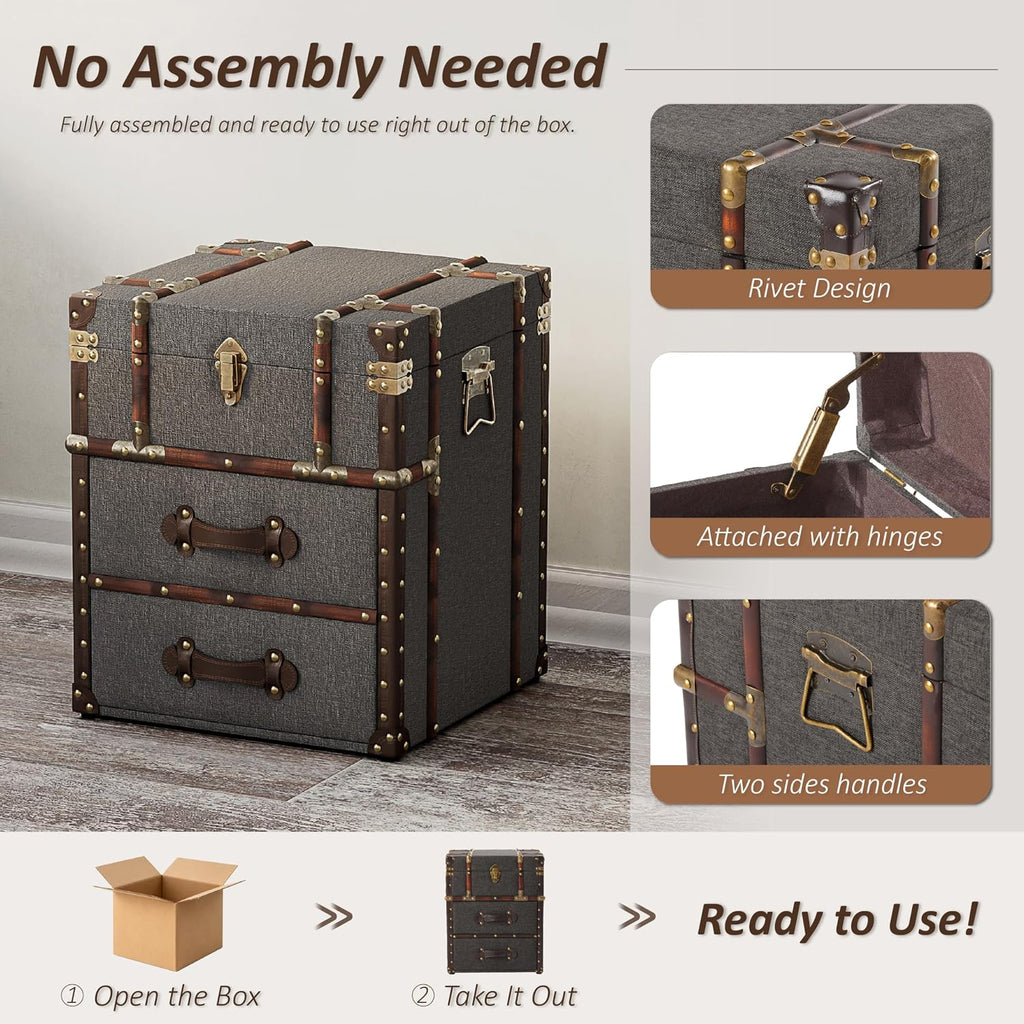 Vintage Storage Chest with Buckle Hinged Top, Linen Accent End Side Table , Rectangle, Grey