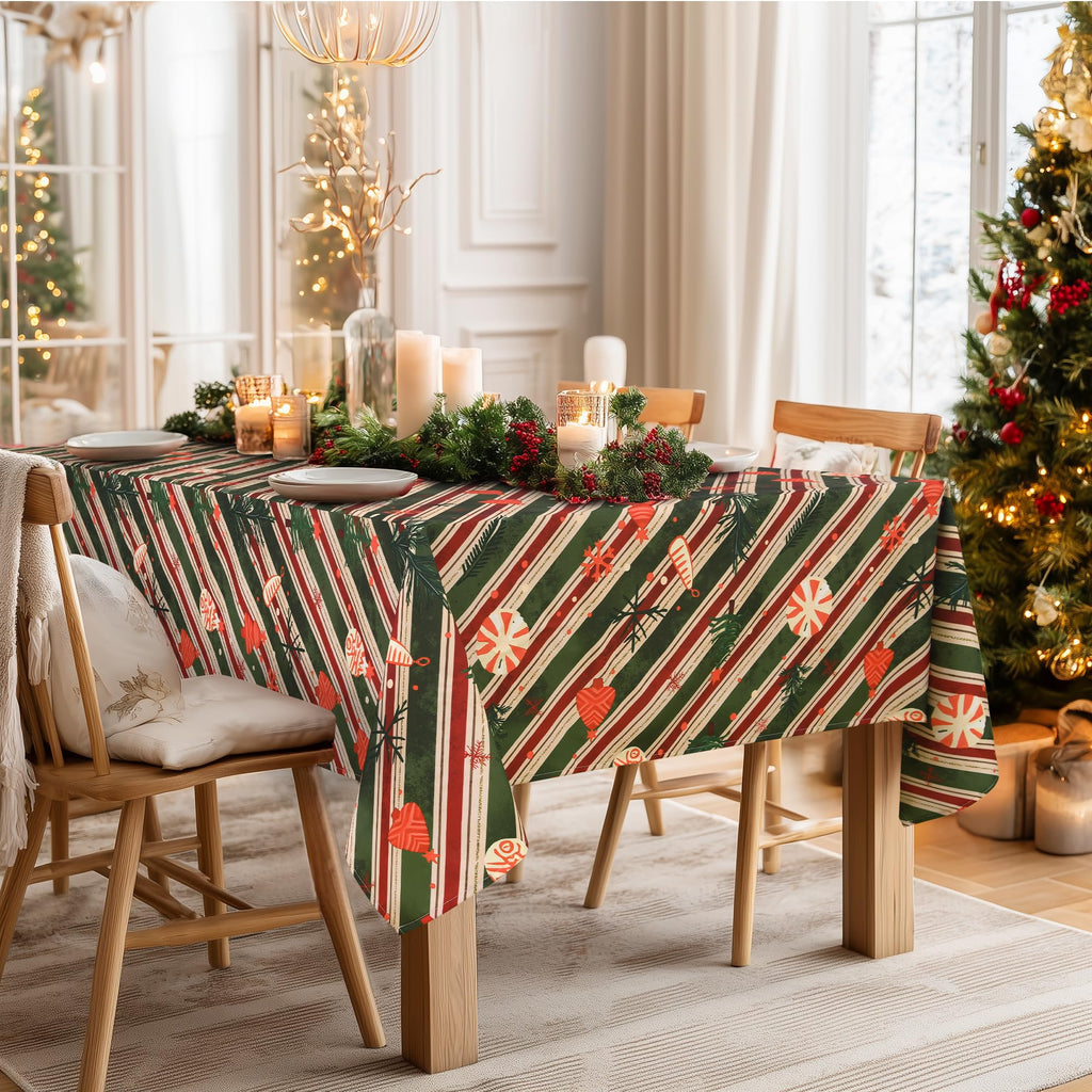 Christmas Tablecloth, Striped Rectangular, Farmhouse, 70 x 108 Inch