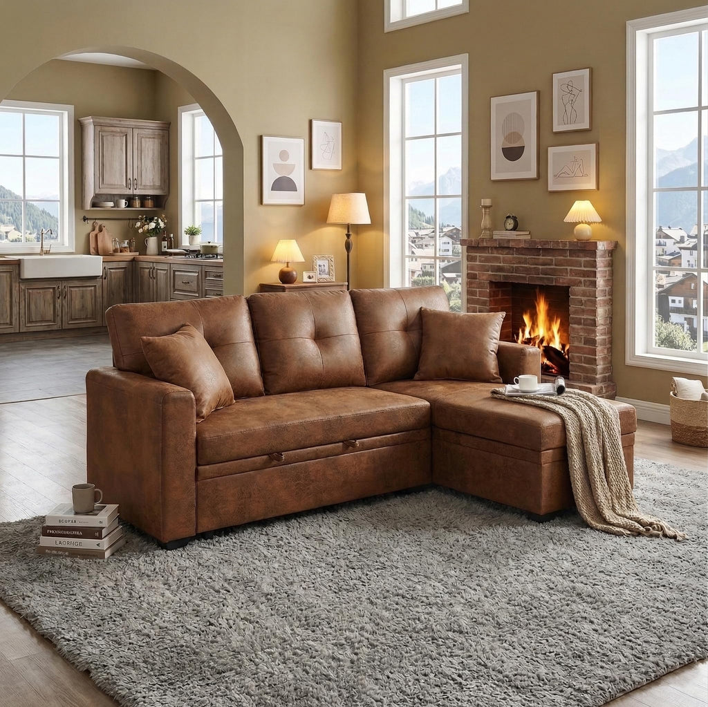 71" L Shaped Sofa with Pull Out Sofa Bed, Sectional Sleeper Sofa with Reversible Chaise, 3 Seater Modular Sectional