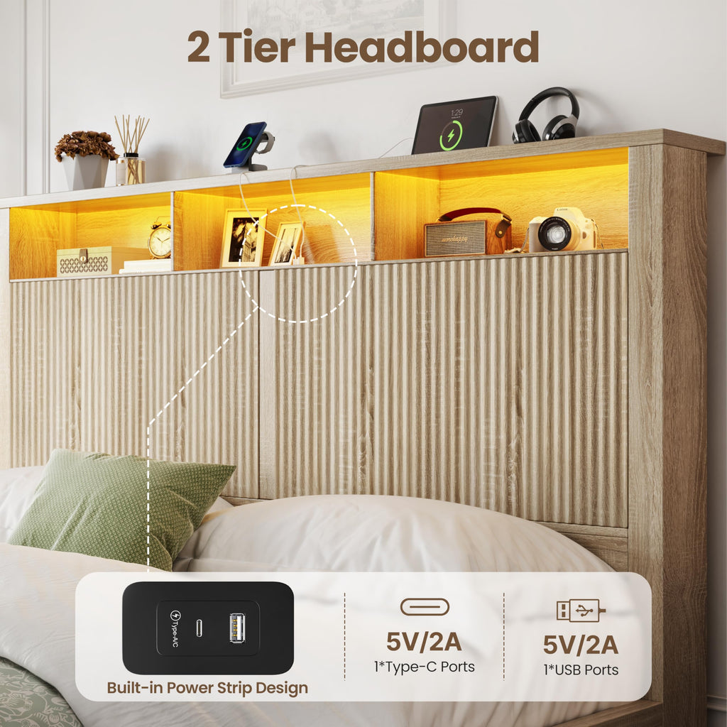 Queen Size Bed Frame with Headboard & 2 Storage Drawers, Wood