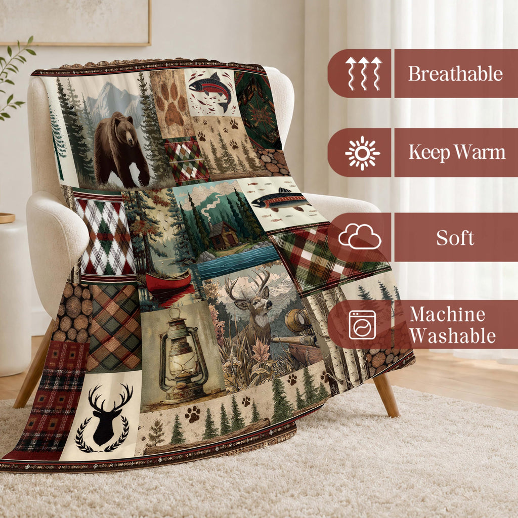 Bear Deer Flannel Blanket for Men, Rustic Cabin Throw, 50x60 Inch