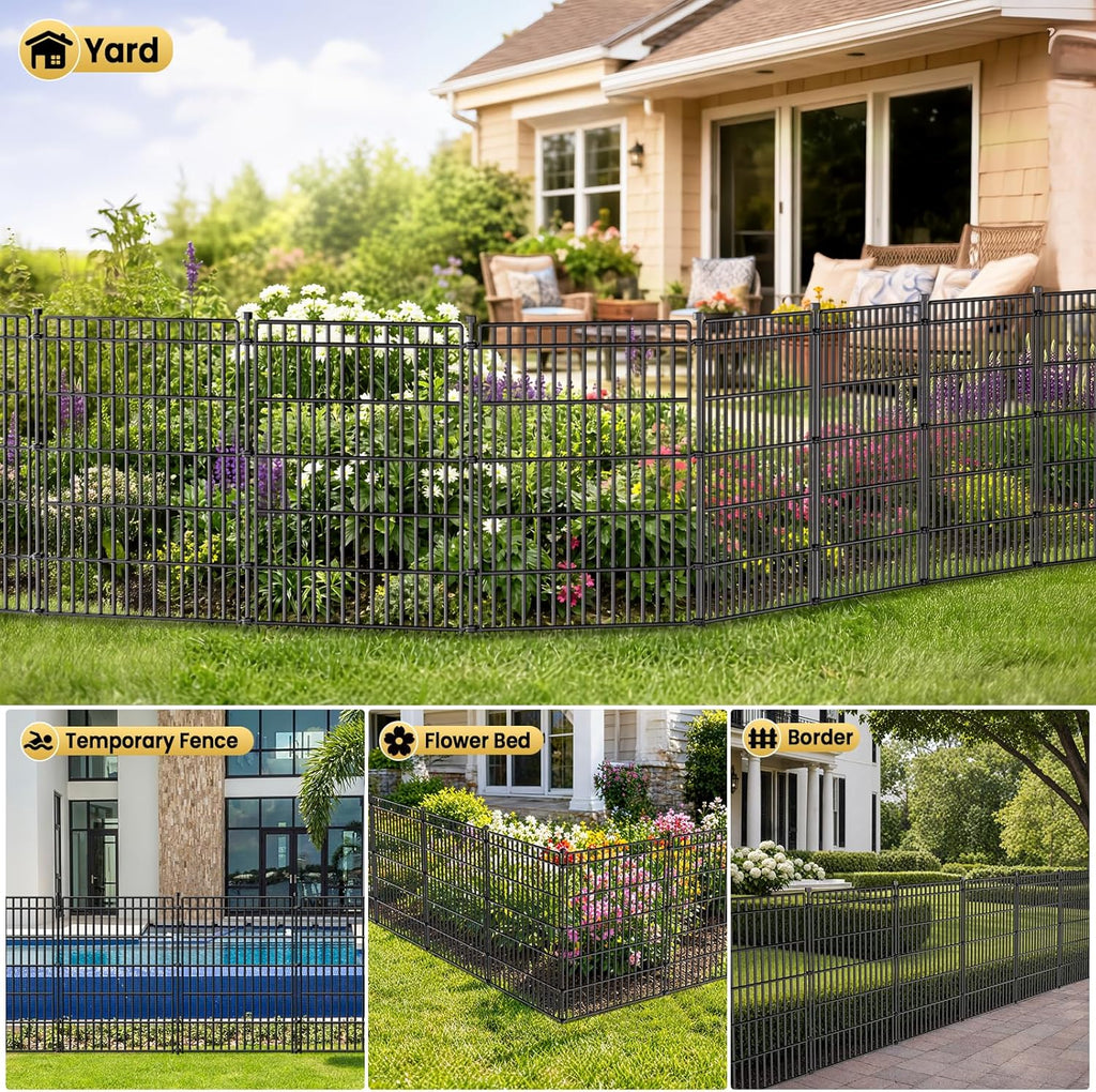 10 Panels No Dig Garden Fence with Gate, 34in(H) × 22.5ft(L) Decorative Metal Outdoor Dog Fence, Rustproof Pet