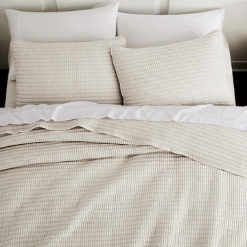 Beige Pick Stitch King Quilt Set, Striped Lightweight Soft Summer Spring Bedspread, Bamboo Linen Like Textured