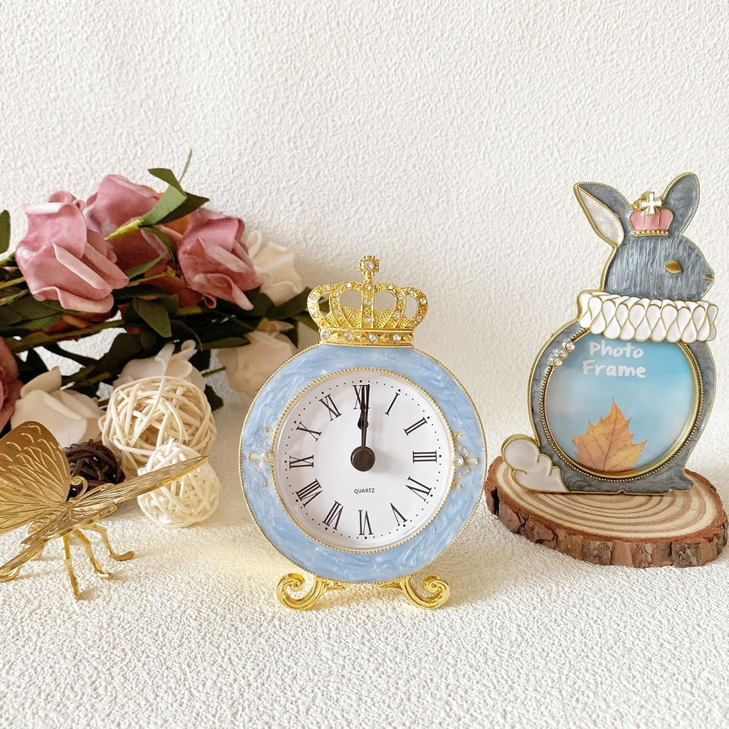 Vintage Mini Analog Table Clock, Silent Crown Table Clock with Hand-Painted Metal Body and Battery Operated Non-Ticking Core for Shelf,...