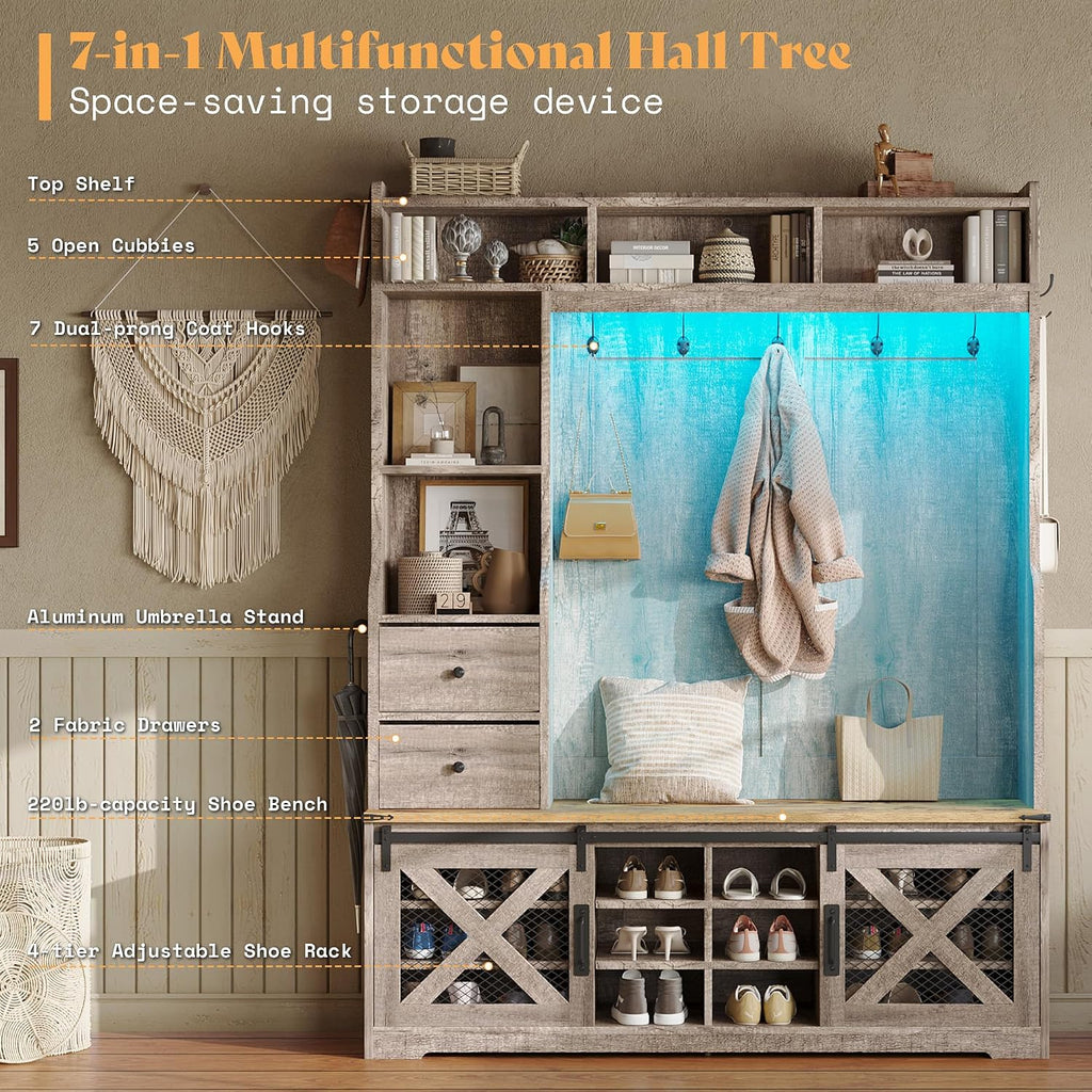 75"H 7-in-1 Farmhouse Hall Tree with Bench and shoe storage, LED Entryway Bench with Coat Rack, 12 Shoe Cubbies, 2