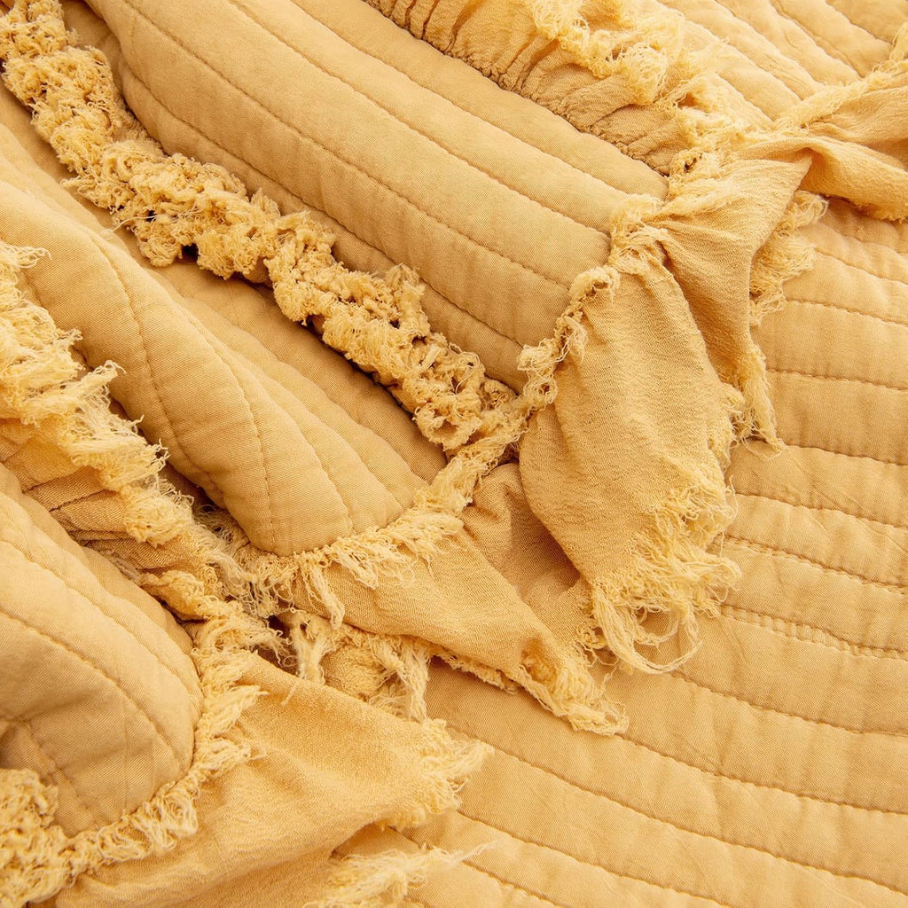 Ultra Soft Pre-Washed Warm Quilted Throw Blanket, Ruffle Fringed Yellow Boho Decorative Throw, Stone Washed Chic