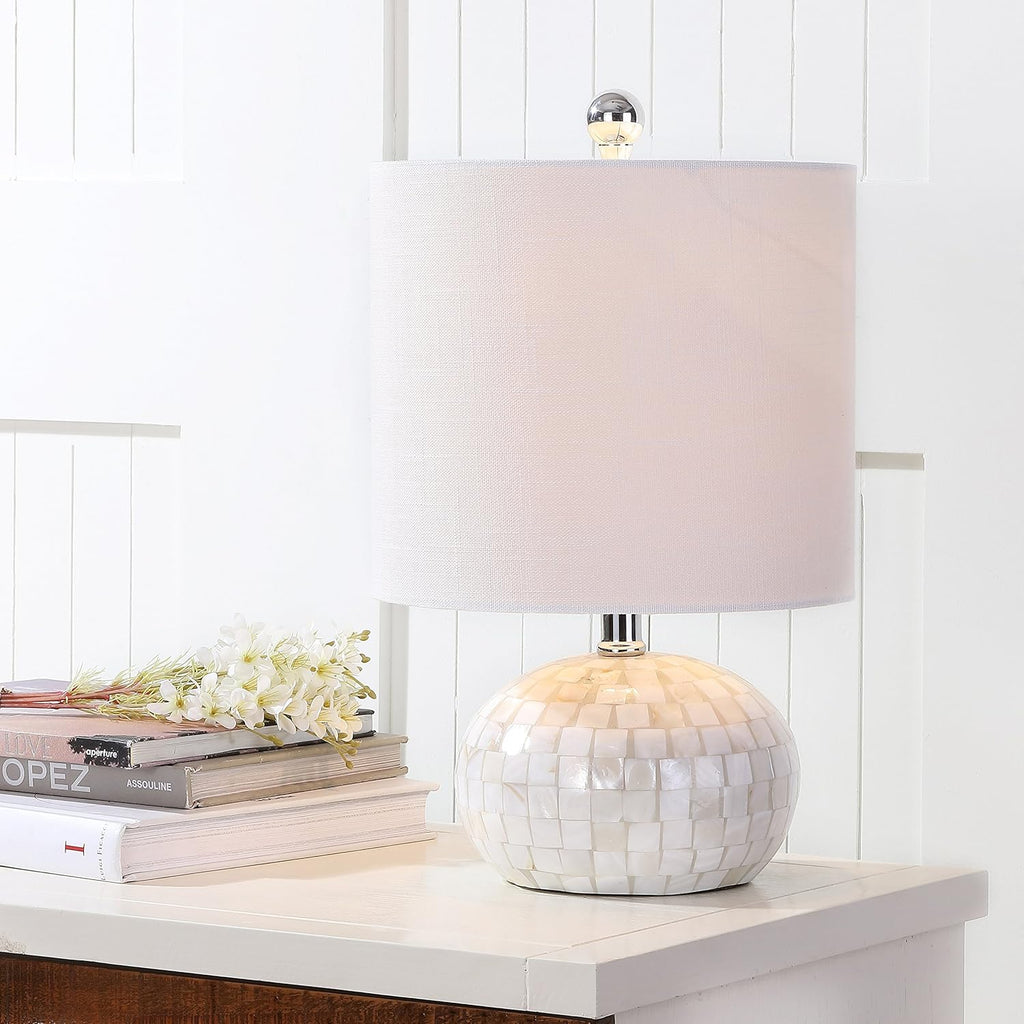 16" Coastal Capiz Shell Mosaic Table Lamp Living Room, White Linen Shade, Transitional Cottage Nightstand Lamp
