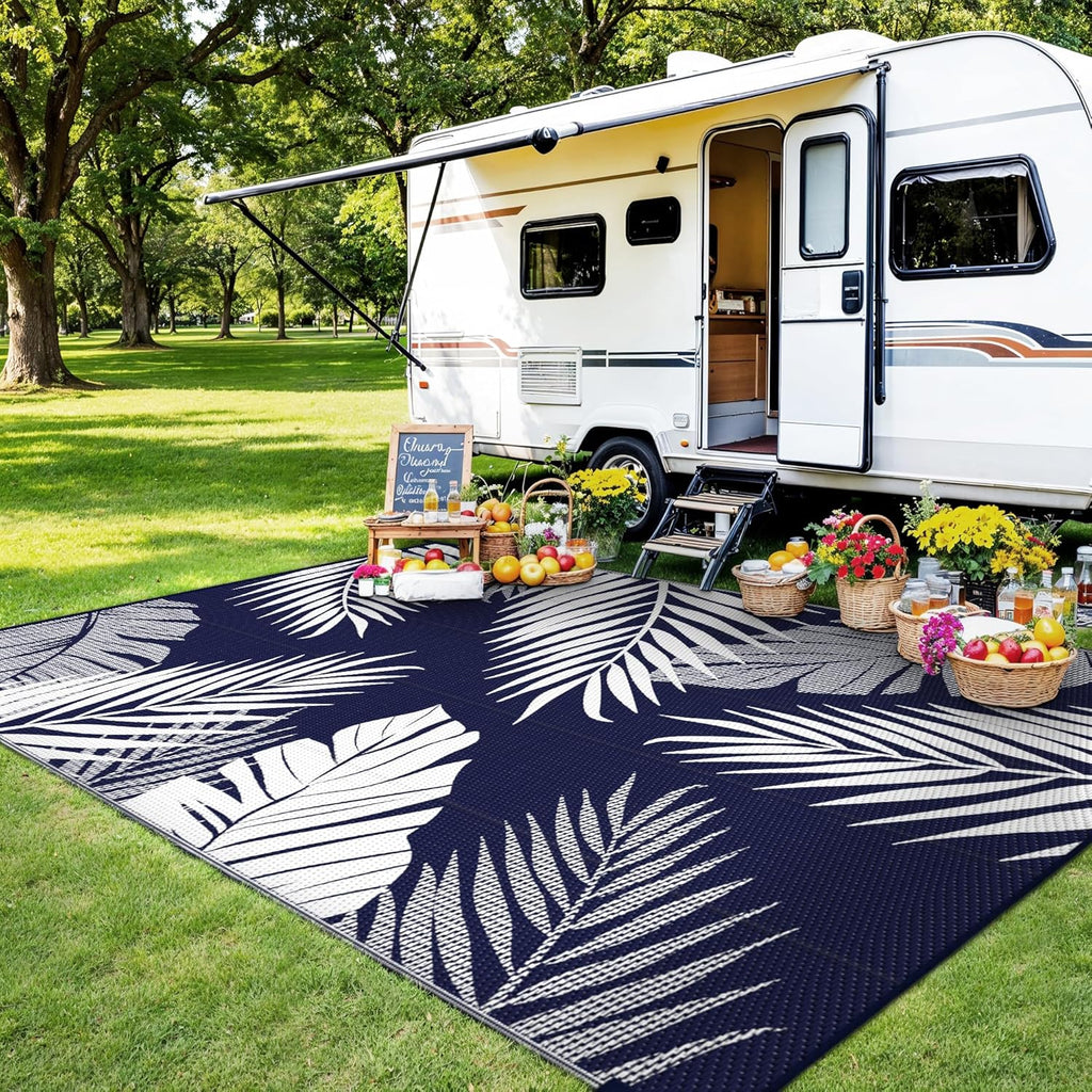 Outdoor Rug, Waterproof Plastic Rugs, 9'x12' Blue White