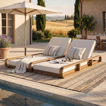 Pyke Double Chaise Lounge Outdoor with Cushion, Acacia Wood Patio Chaise Lounge Set of 2, Adjustable Backrest