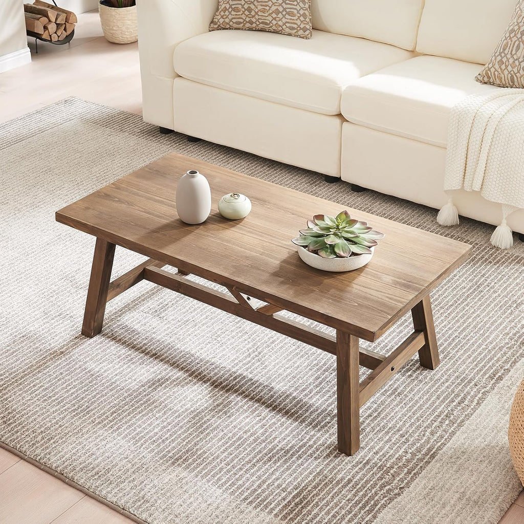 Farmhouse 43" Coffee Table,Solid Wood Center Tables and Office, Rustic Wooden Rectangular Table with V-Shaped Support