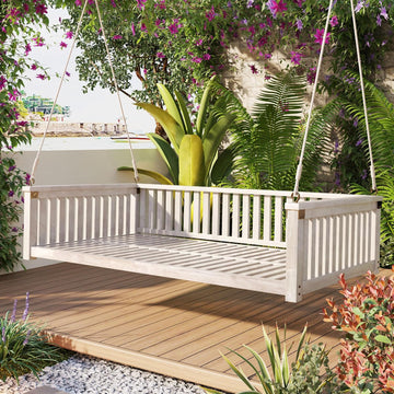 Wooden Porch Daybed Swing Bed for Adults, Outdoor Patio Hanging Swing Bench Chair for Garden, Backyard, Deck