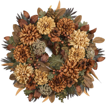 24" Fall Wreaths for Front Door with Mums Dahlias Queen Anne's Lace