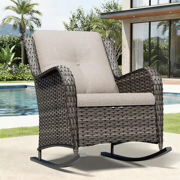 Outdoor Rocking Chair, Wicker Patio Furniture with High Back, Deep Seating, Wide Armrest, Thickened Cushions, Outdoor
