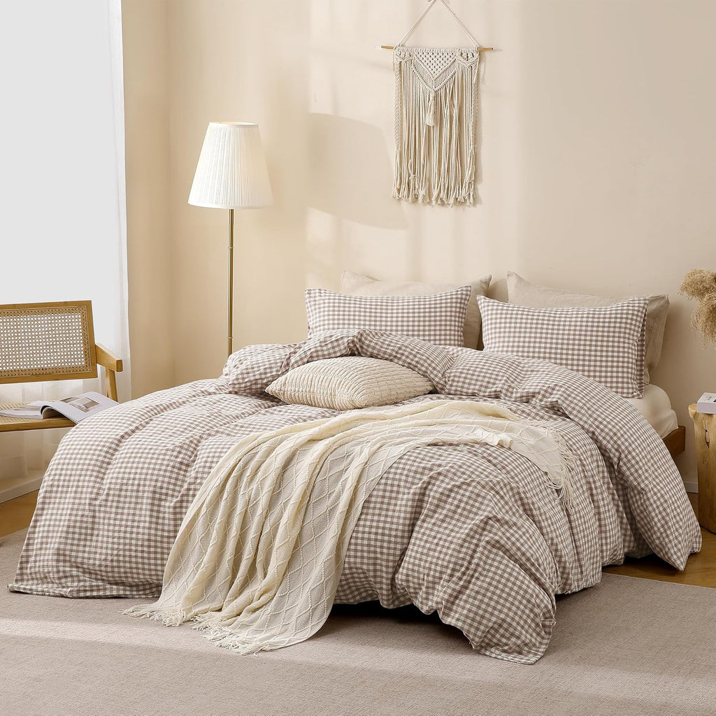 Tan Gingham Duvet Cover Bedding Set 100% Washed Cotton Like Linen Feel Super Soft Comfy 3 Piece Brown Vintage Plaid, King Size