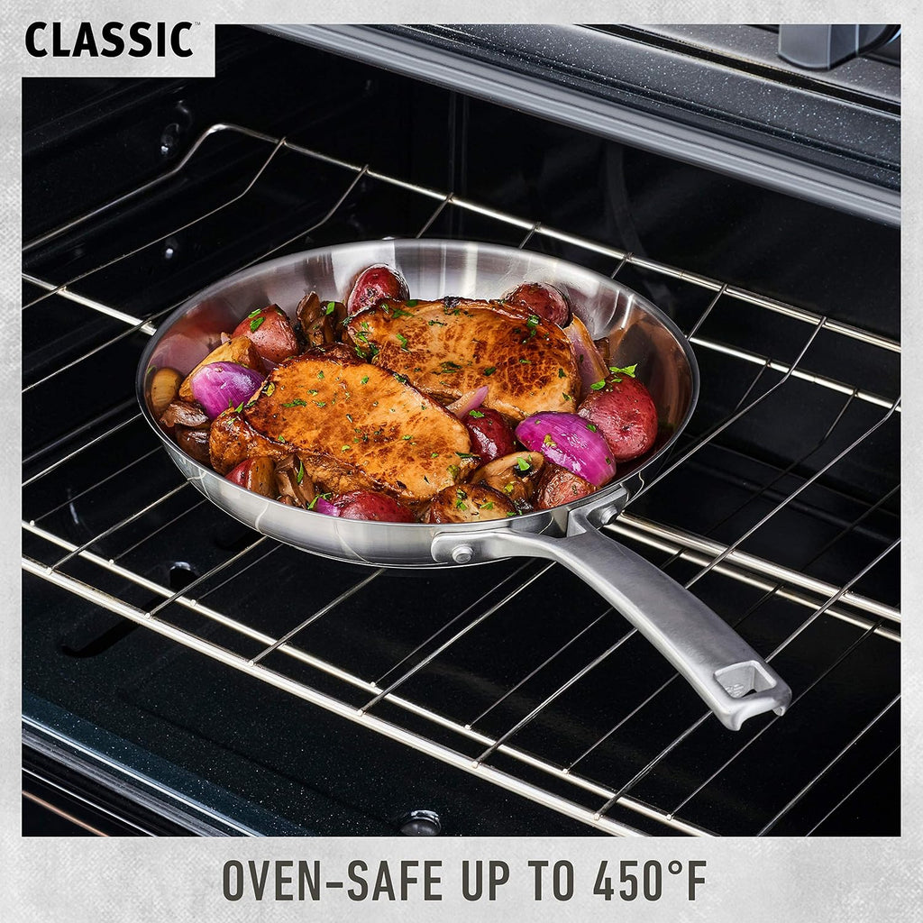 Classic Stainless Steel Cookware Set, 10-Piece, Impact-Bonded Aluminum Base, Stay-Cool Handles, Oven Safe 450F, Silver