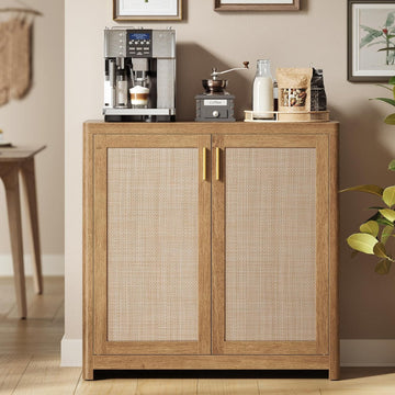 ELLAN Collection - Boho Buffet Cabinet with Rattan-Look Doors, Sideboard Storage Cabinet, Rounded Corners