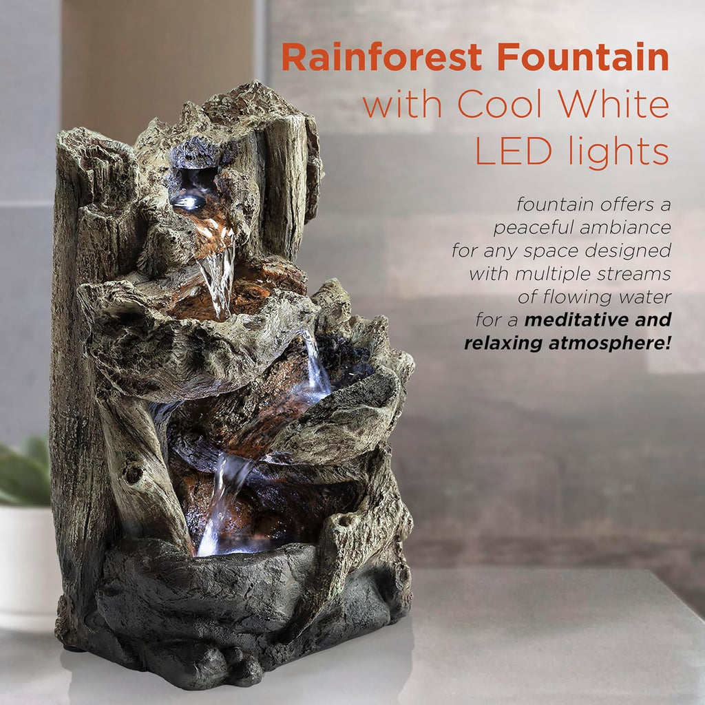 14"H Indoor Tiered Log Tabletop Fountain with LED Lights - Cascading Waterfall Design Creates Relaxing Ambiance Décor