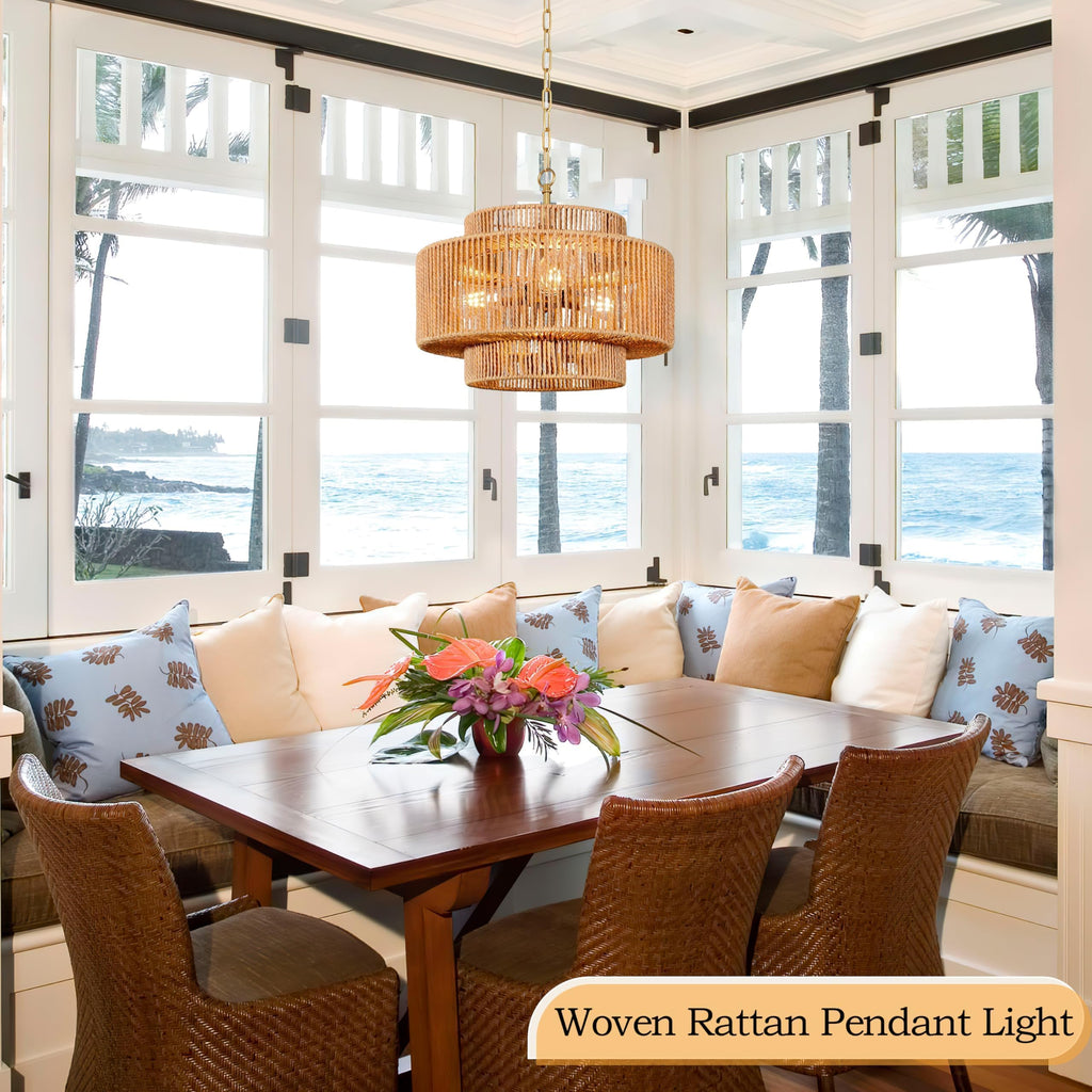 18" 3-Light Boho Gold Rattan Chandeliers