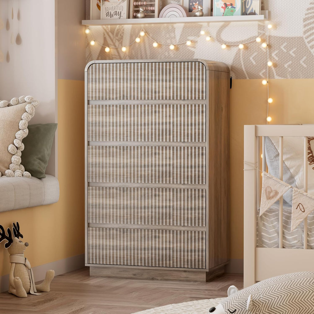 Grey Dresser Fluted Tall 5 Drawer Dresser , Wood Chest of Drawers with Hidden Handles & Rounded Corners, Modern