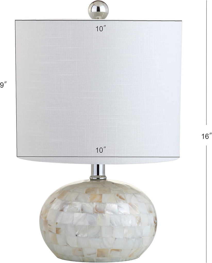 16" Coastal Capiz Shell Mosaic Table Lamp Living Room, White Linen Shade, Transitional Cottage Nightstand Lamp