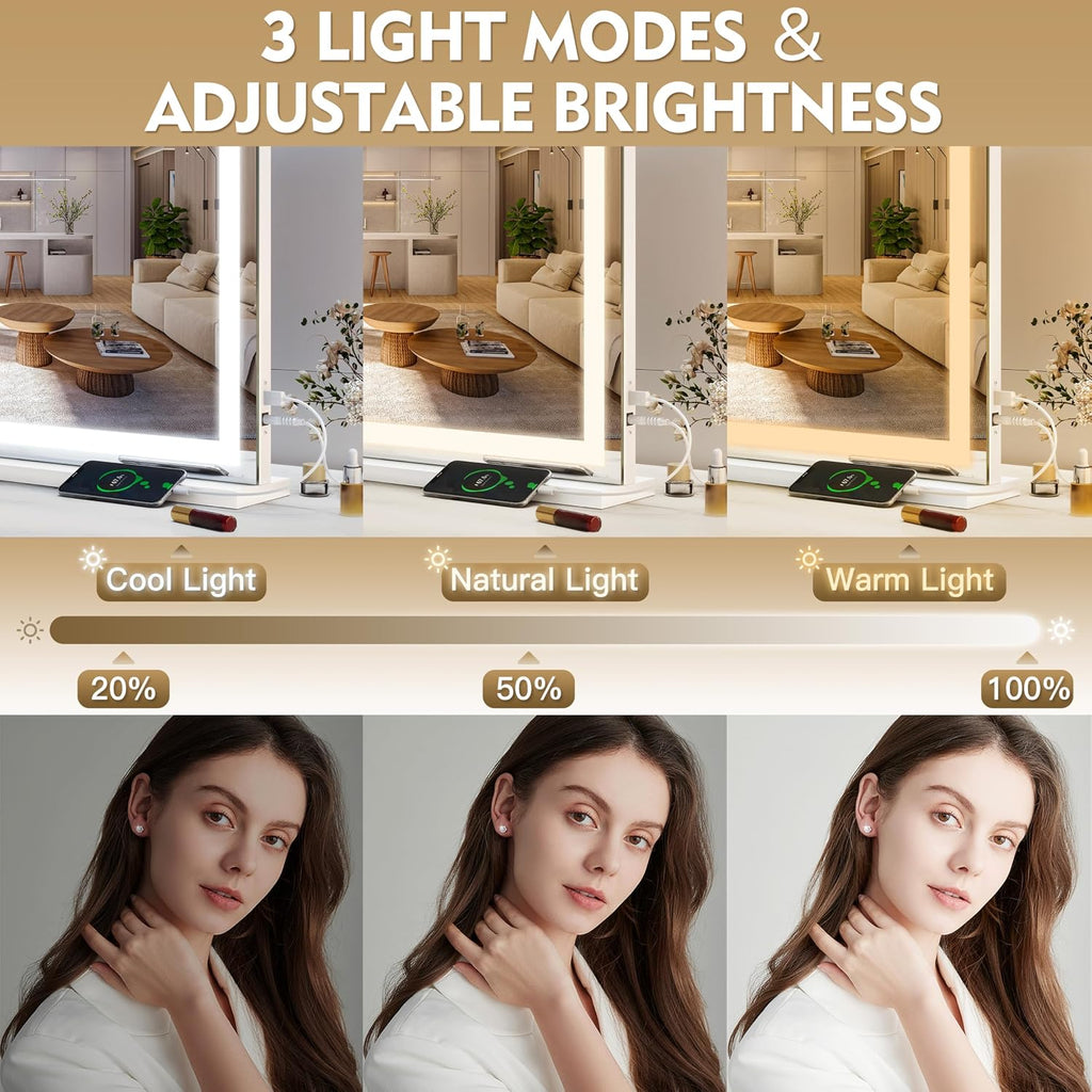 Vanity Mirror with Lights, 32" x 22" Large Lighted Vanity Mirror with Dimmable 3 Modes, LED Makeup Mirror, USB