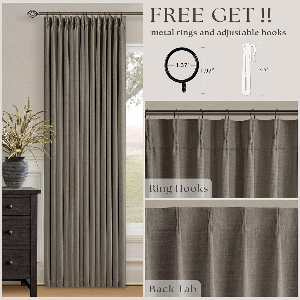 Dark Taupe Blackout Pinch Pleated Curtains 2 Panel Set for Living Room Darkening Thick Linen Textured 100%