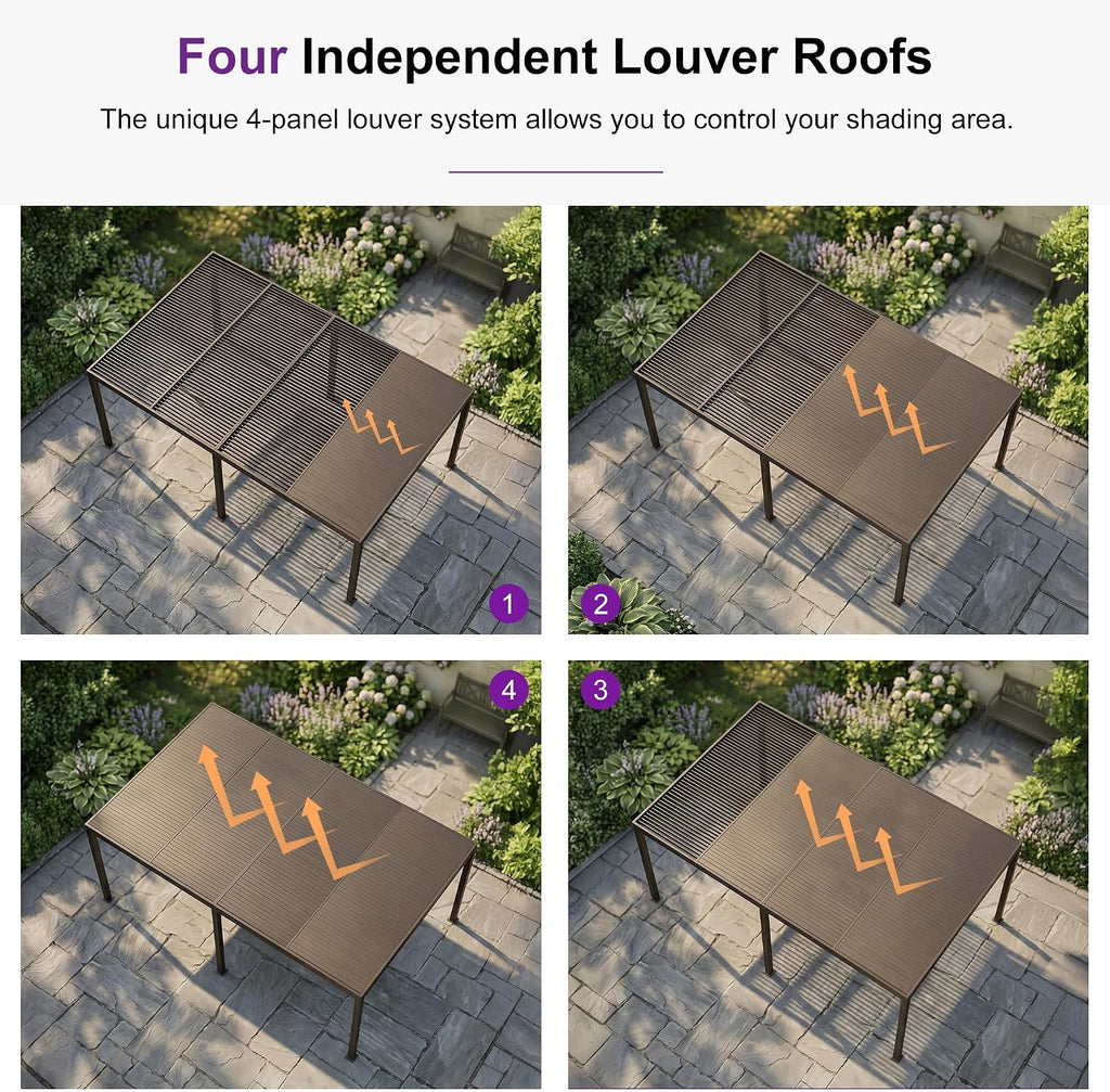 Outdoor 12' × 20' Louvered Pergola with Screens and Patio Adjustable Aluminum Canopy Retractable Metal Roof for Deck
