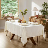 Ivory Fancy Leaves Damask Fabric Holiday Tablecloth, 52 x 70 Inch Rectangle, Elegant Swirling Leaf P