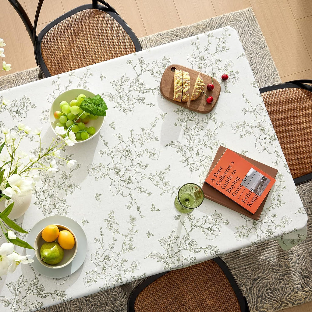 French Floral Tablecloths Rectangular Linen Table Cloth with Green Flowers Pattern Burlap Textured Farmhouse Vintage