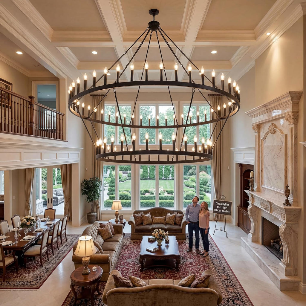 80 Inch Wagon Wheel Chandelier - 2-Tier 56-Light Black Farmhouse Pendant for High Ceilings, Indoor & Outdoor
