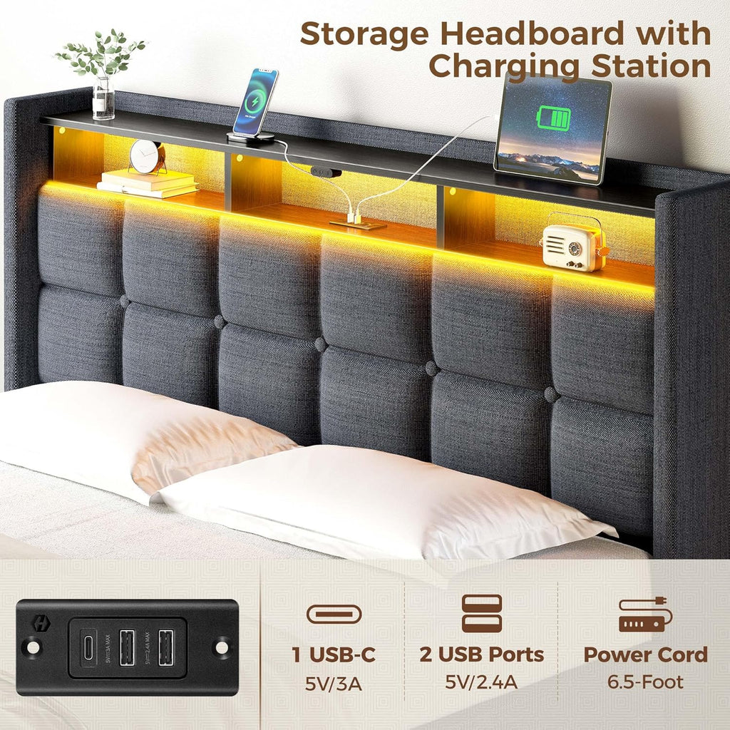Bed Frame Full with Lift Up Storage, Charging Station & LED Lights, Upholstered Storage Headboard