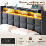 Bed Frame Full with Lift Up Storage, Charging Station & LED Lights, Upholstered Storage Headboard