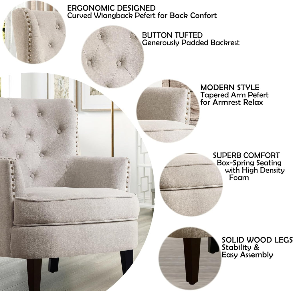 Harris Velvet Upholstered Club Chair 34.5"H, Barrel Chair, Wingback Tufted Button Armchair, Contemporary Nailhead