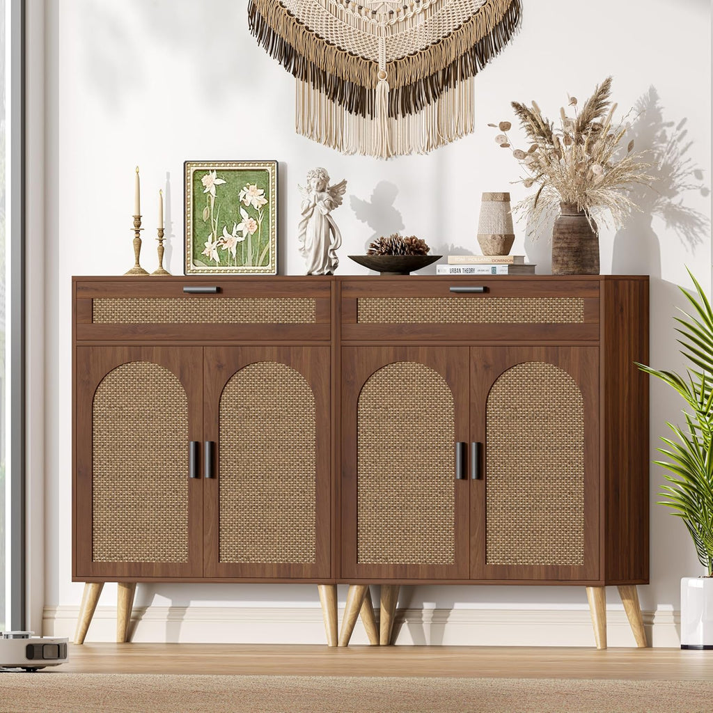 Rattan Storage Cabinet with Drawer and 2 Doors, Walnut | Accent Sideboard Buffet Cabinet with Adjustable Shelf &