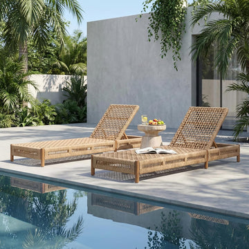 Acacia Wood Chaise Lounge Chair Outdoor Set of 2, Poolside Sun Lounger Recliner with Wicker Seat, Patio