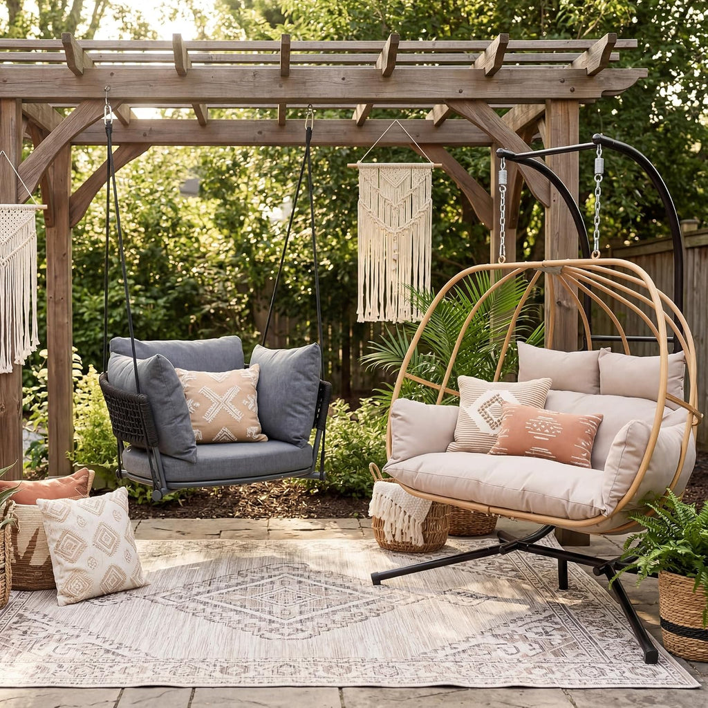 Double Egg Chair Outdoor, Egg Swing Chair with Stand, Hanging Swing Chair Outdoor with Cushions/Headrest, 80" H