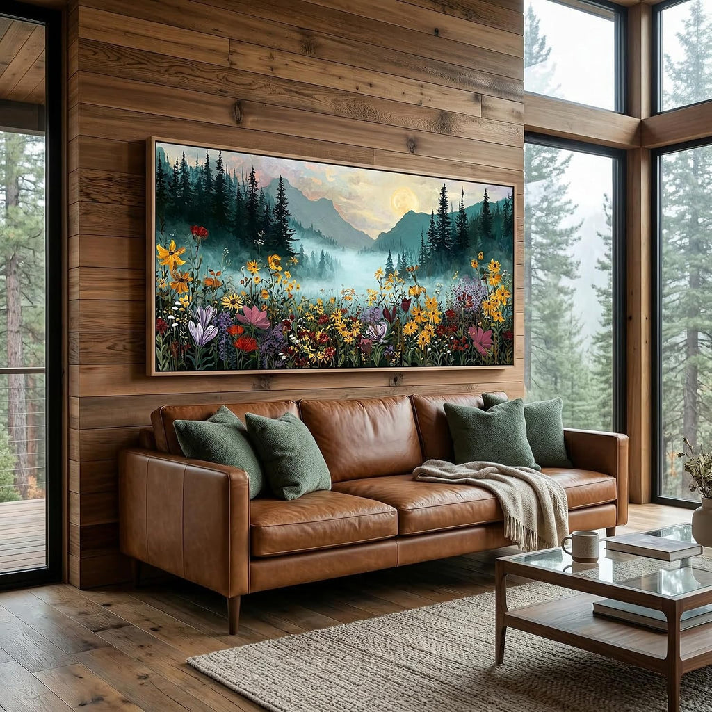 Framed Canvas Wall Art - Mountain Landscape with Wildflowers Wall Decor Moon Over Misty Forest Nature Painting Print