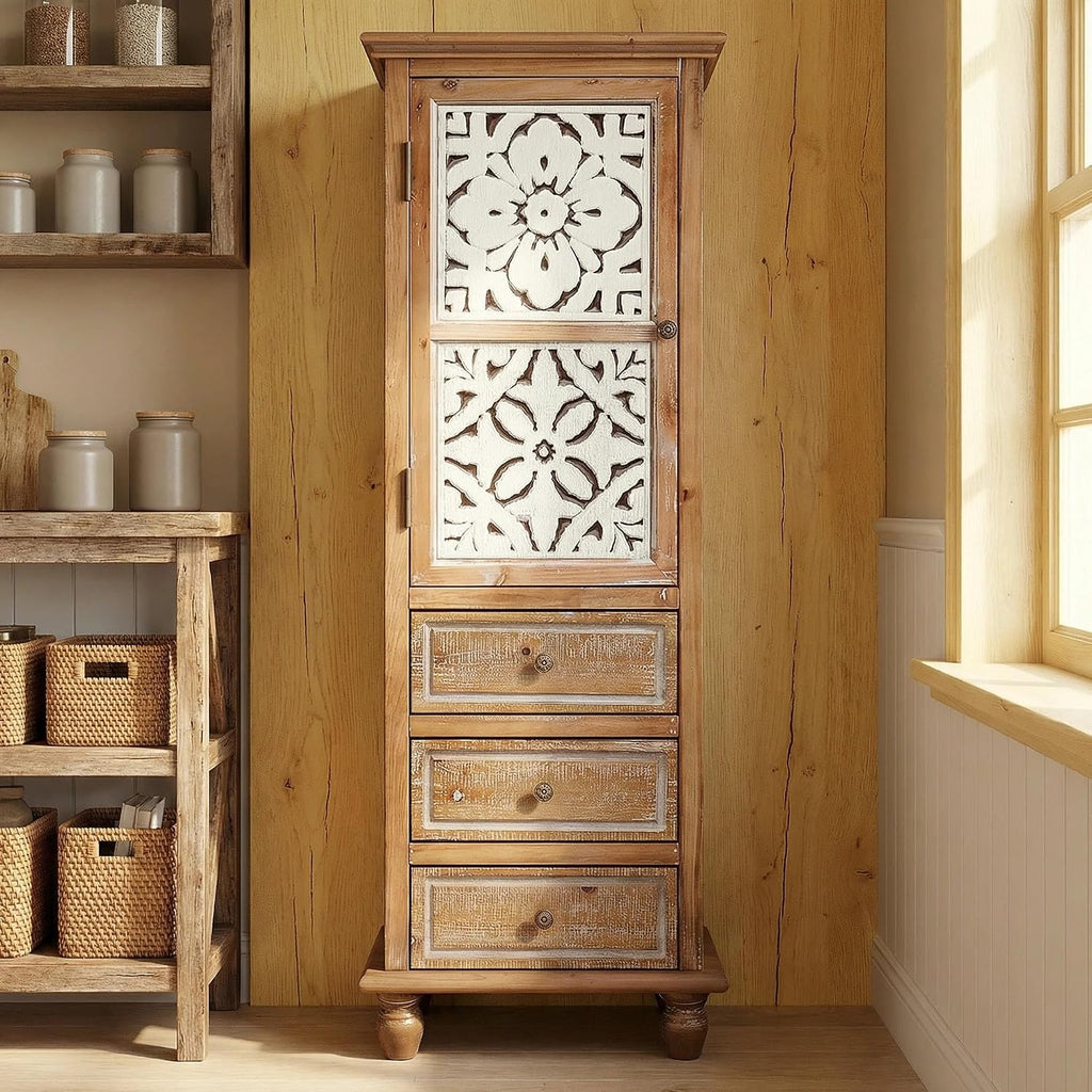 54''Tall Kitchen Pantry Cupboard Storage Cabine,Narrow Accent Cabinet | Solid Wood Frame;Farmhouse/French Country
