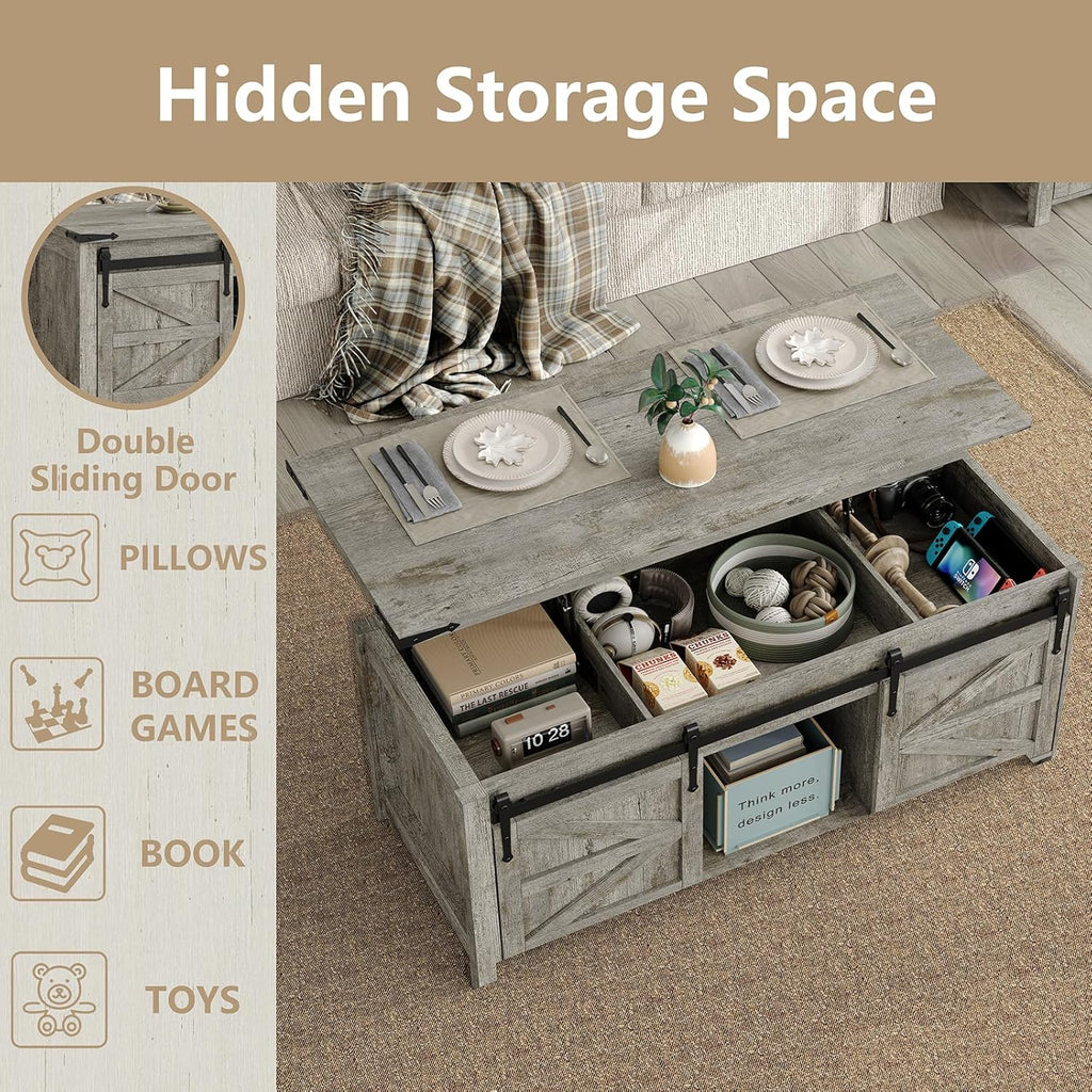 Lift Top Coffee Table, 47.3'' Farmhouse Coffee Table with Large Hidden Storage Compartment & Sliding Barn Doors