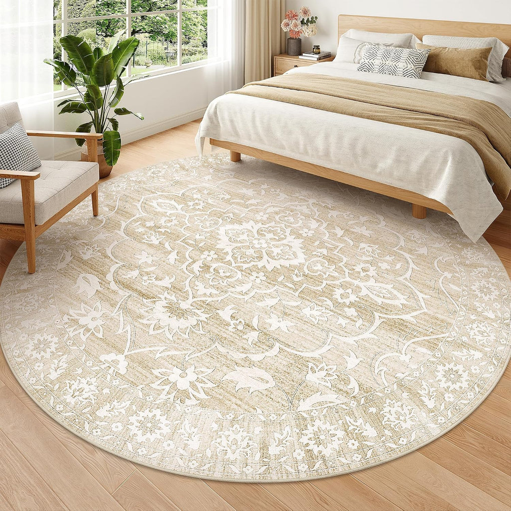 Washable Round Rug 8ft, Soft Circle Area Rug Beige