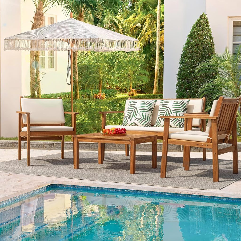 Patio Furniture 4 Piece Outdoor Acacia Wood Patio Conversation Sofa Set with Table & Cushions Porch Furniture for Deck