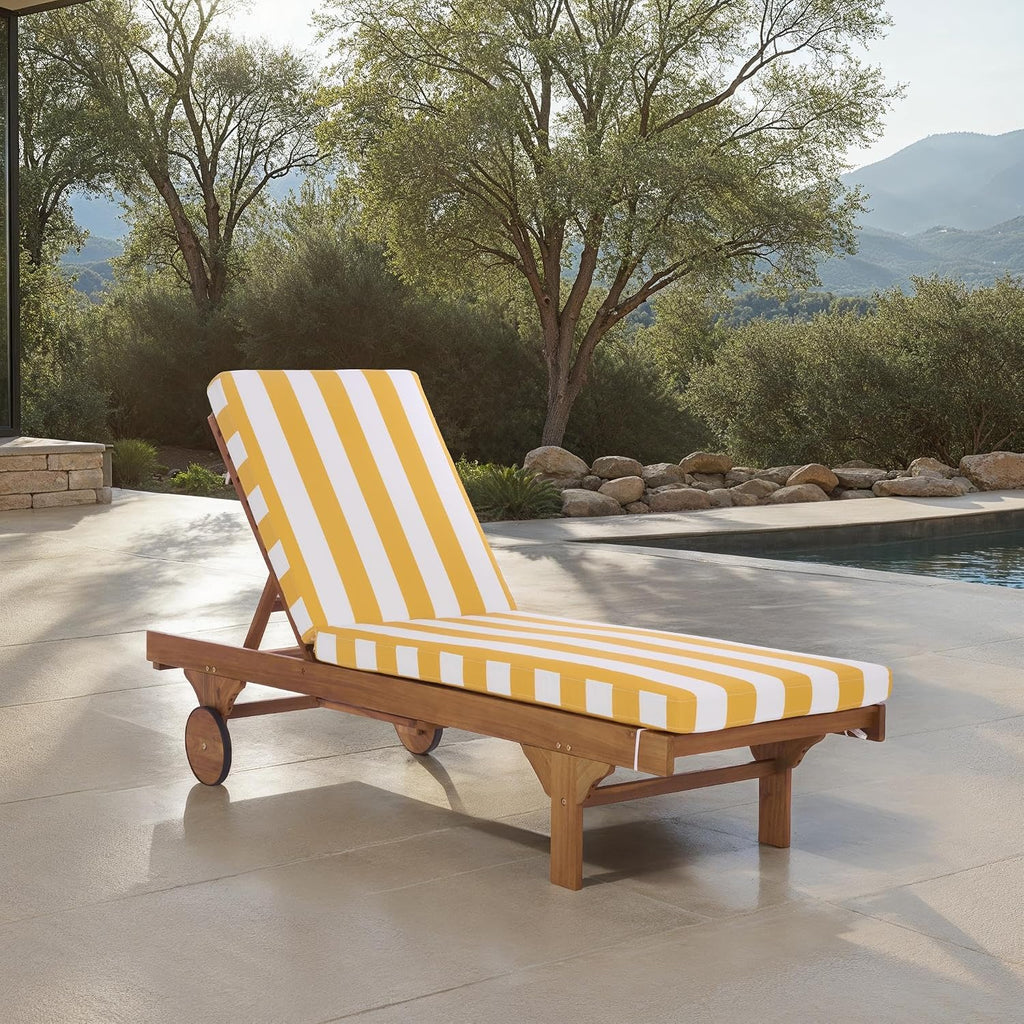 Outdoor Patio Furniture Collection - Newport Natural Solid Wood Chaise Lounge Chair with Yellow Stripe Cushion