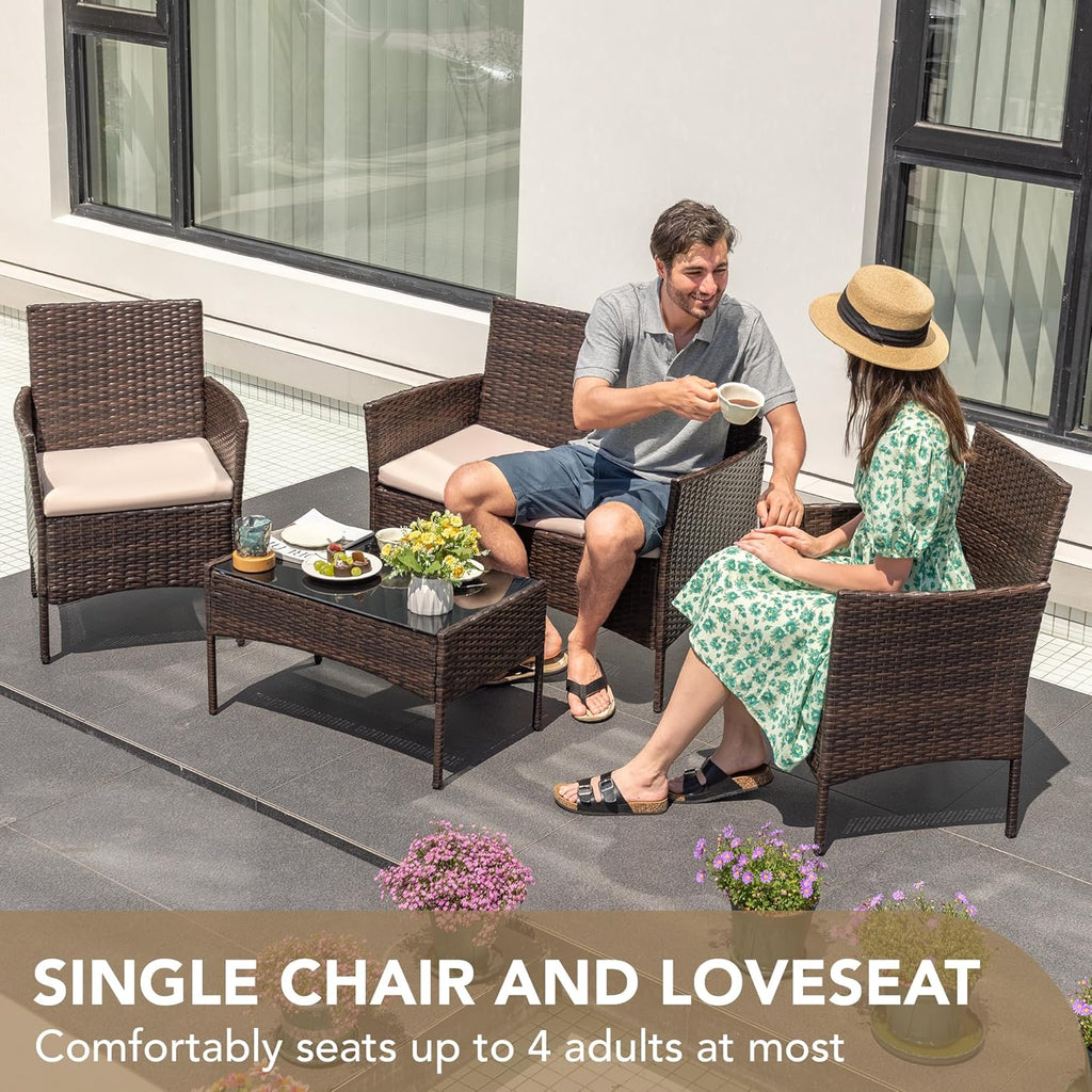 4 Pieces Outdoor Patio Furniture Set, PE Rattan Wicker Chairs Balcony Lawn Porch Patio Furniture Sets with Beige