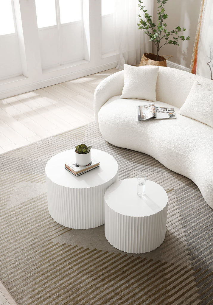 2-Piece Nesting Coffee Tables Set - Modern Drum End Tables for Small Spaces, White Round Accent Furniture s (15.75" H)