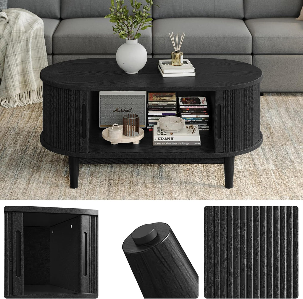 Round Coffee Table, 31.5" Drum Coffee Table with Sliding Tambour Door, Fluted Accent Center Table with Storage