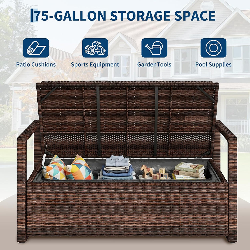 Outdoor Storage Bench with Cushion, 2-Seater PE Rattan Storage Box with Backrest & Armrests, 75 Gallon, 400 lbs