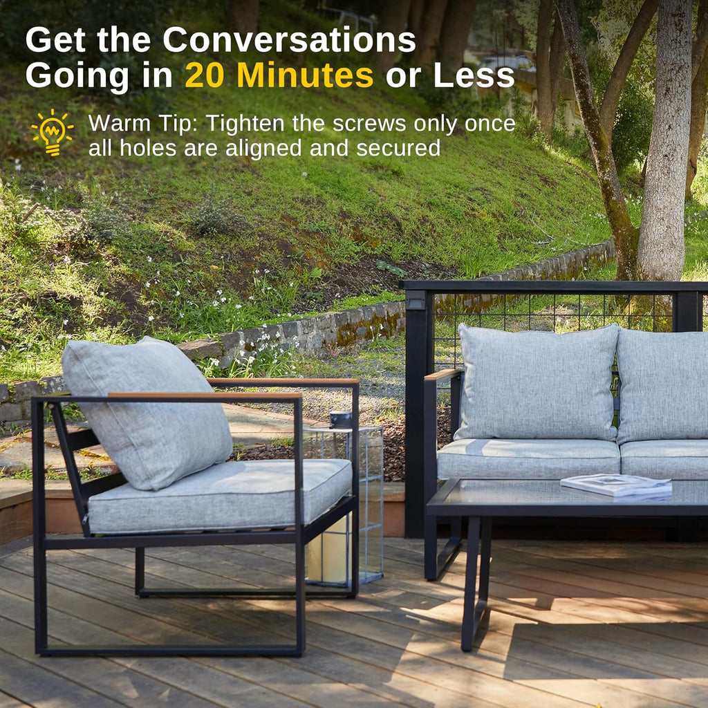 Courtyard Patio Furniture Set, 4-Piece Outdoor Patio Set with Sofa, Removable & Washable Deep Seating Cushion