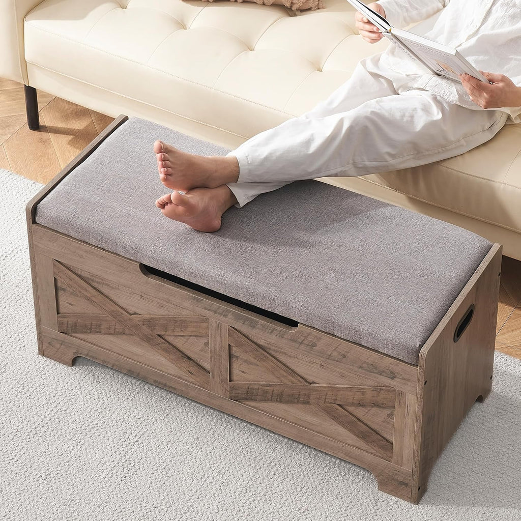 Storage Chest, Farmhouse Storage Trunk, Wooden Entryway Storage Bench with Safety Hinge and Lift-Top , Grey
